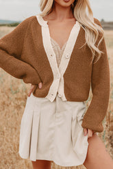 Chestnut Contrast Color V Neckline Knit Cardigan