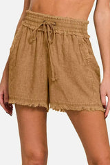 Zenana Washed Linen Frayed Hem Drawstring Shorts - Femstylo