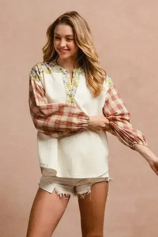 BiBi Floral Notched Plaid Balloon Sleeve Top - Femstylo