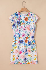 Sky Blue Vibrant Floral Print Cap Sleeve Mini Dress