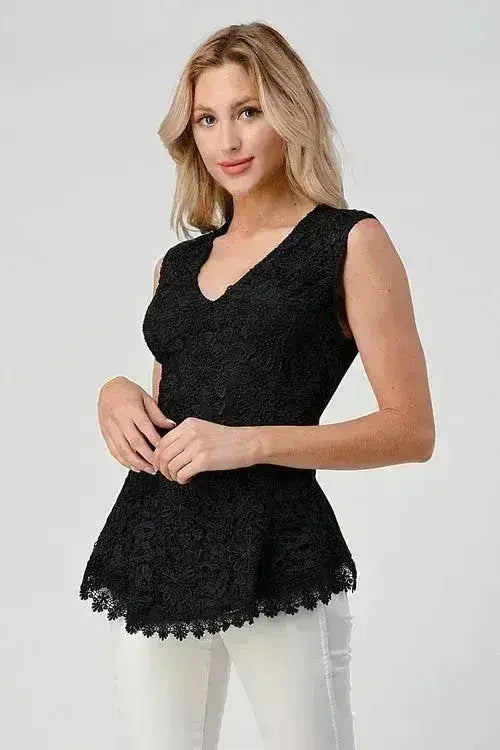 Sleeveless V-Neck Lace Peplum Top - Femstylo