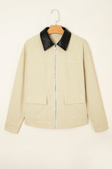 Parchment Contrast Leather Collar Textured Zip Up Jacket