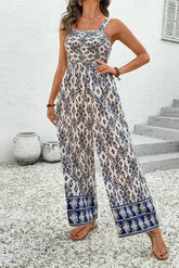 Blue Boho Geometric Print Smocked High Waist Wide Leg Jumpsuit - Femstylo