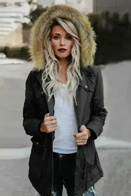 Zipper Snaps Pocket Plush Hooded Parka Jacket - Femstylo