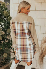 Khaki Plaid Patchwork Long Sleeve Mini Dress with Pockets - Femstylo