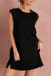 Black Textured Cap Sleeve T Shirt Shift Mini Dress - Femstylo