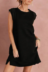 Black Textured Cap Sleeve T Shirt Shift Mini Dress - Femstylo