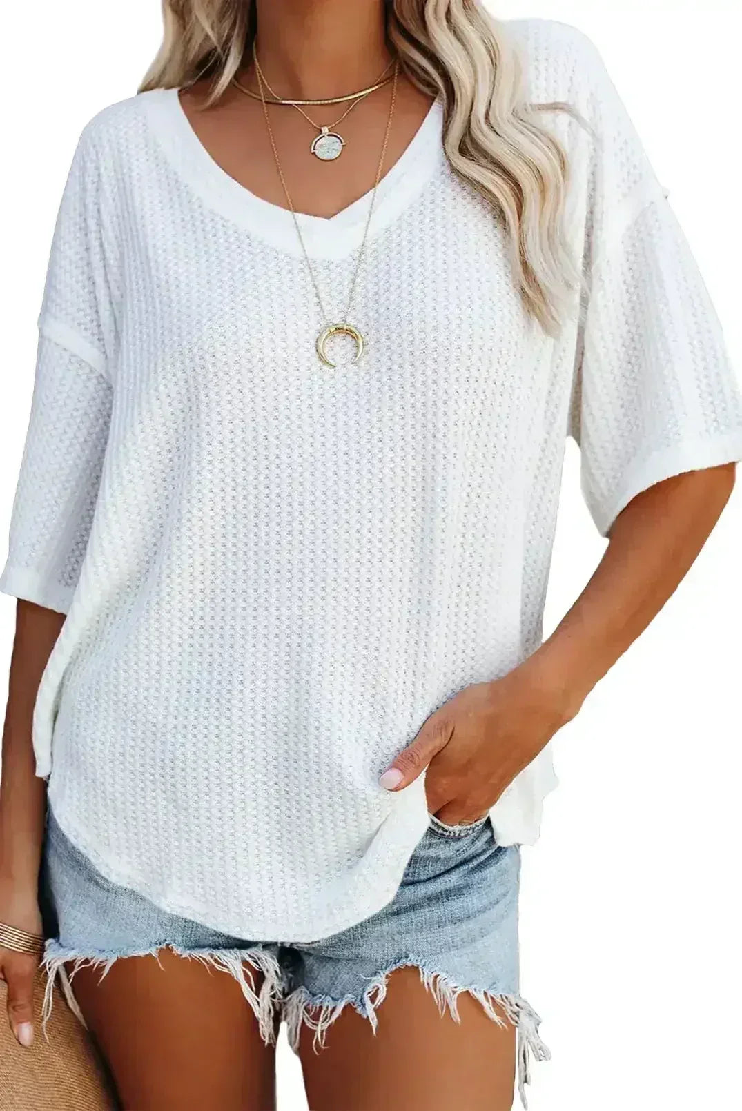 Blue Exposed Seam Drop Sleeve V Neck Waffle Textured Top - Femstylo