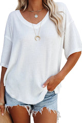 Blue Exposed Seam Drop Sleeve V Neck Waffle Textured Top