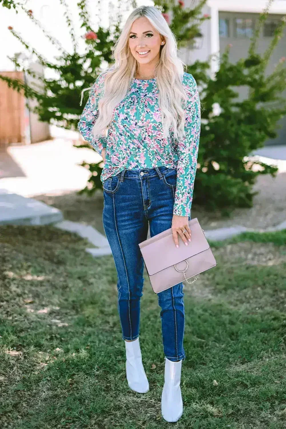 Green Floral Pleated Blouse - Relaxed Long Sleeve Top | Femstylo - Femstylo