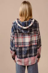 BiBi Drawstring Plaid Drop Shoulder Hoodie - Femstylo