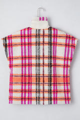 Rose Sherpa Plaid Jacket Vest | Polyester Collared Vest - Femstylo
