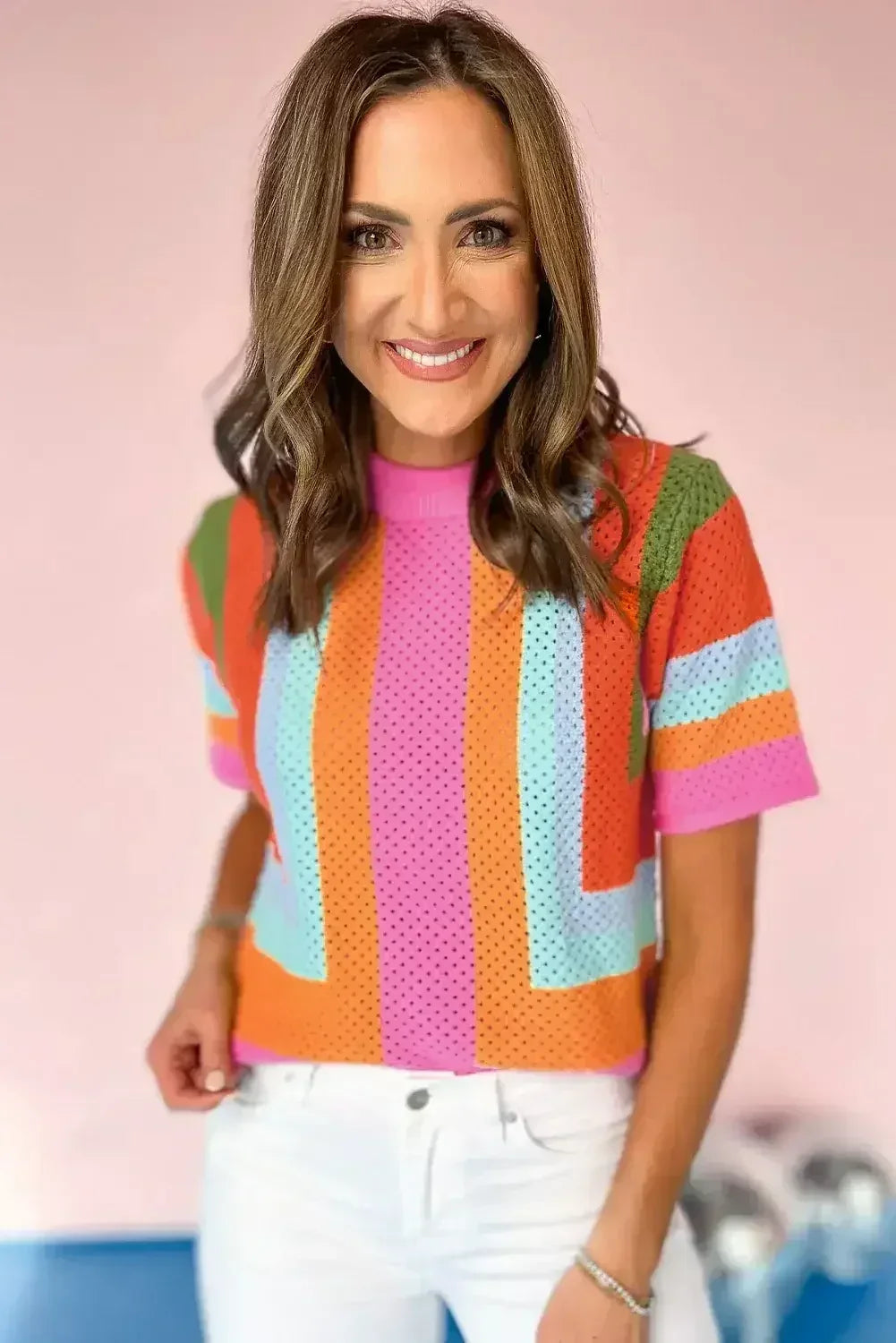 Orange Colorblock Eyelet Casual Knit T Shirt - Femstylo