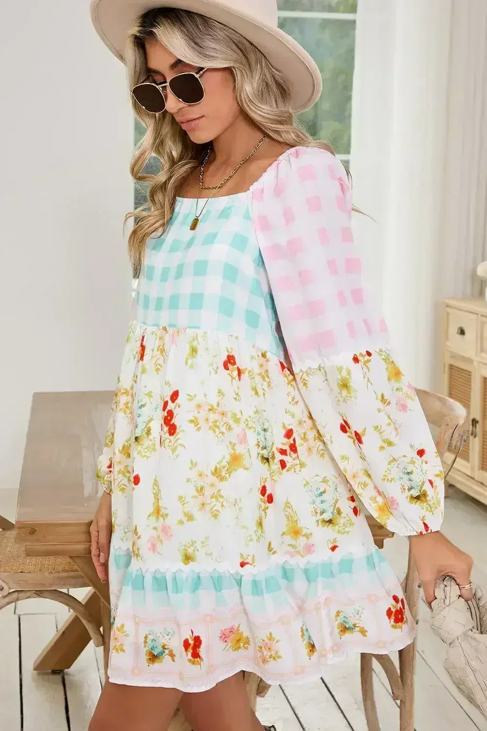 Pink Boho Floral and Plaid Patchwork Ricrac Lantern Sleeve Dress - Femstylo
