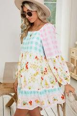 Pink Boho Floral and Plaid Patchwork Ricrac Lantern Sleeve Dress - Femstylo