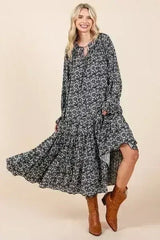 Mittoshop Printed Tie Neck Flounce Sleeve Midi Dress - Femstylo