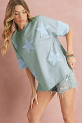 Aruba Blue Frayed Star Patched 4th of July Oversize T Shirt - Femstylo