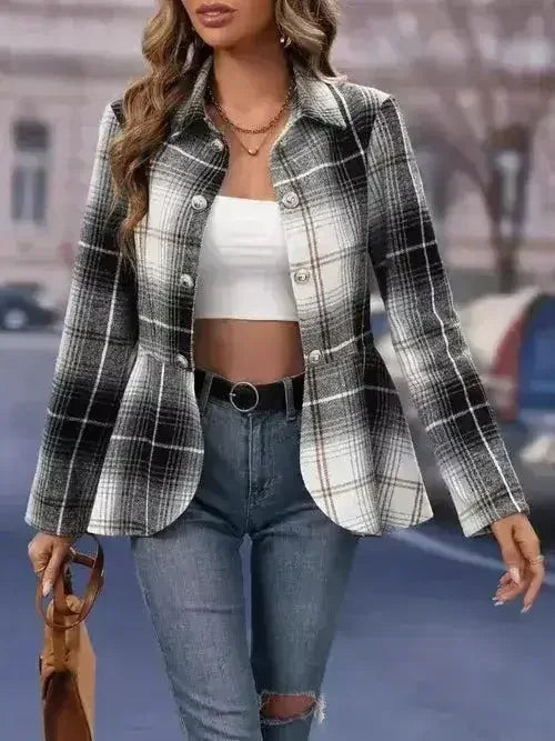 Plaid Button Up Long Sleeve Jacket - Femstylo