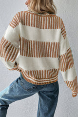 Khaki Two Tone Striped Patchwork Drop Shoulder Sweater