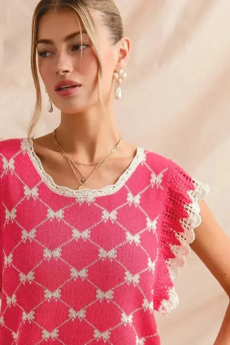 SO ME Bow Ribbon Pattern Sweater Top with Back Key Hole - Femstylo