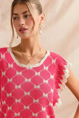 SO ME Bow Ribbon Pattern Sweater Top with Back Key Hole - Femstylo