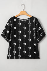 Black Bow Print Striped Puff Short Sleeve Blouse