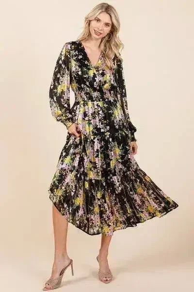 Mittoshop Flower Print Satin Lurex Stripe Smocked Midi Dress - Femstylo