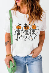 White Halloween Pumpkin Skeleton Graphic Heat Transfer Printing Cotton Blend Tee