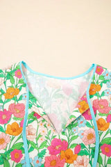 Green Floral Print Striped Trim Puff Sleeve Babydoll Blouse - Femstylo