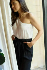 Dress Day Marvelous in Manhattan One-Shoulder Jumpsuit in White/Black - Femstylo