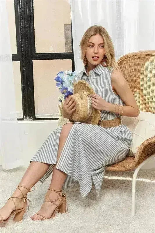 ADORA Striped Button Down Dress – Cotton Midi Sleeveless - Femstylo