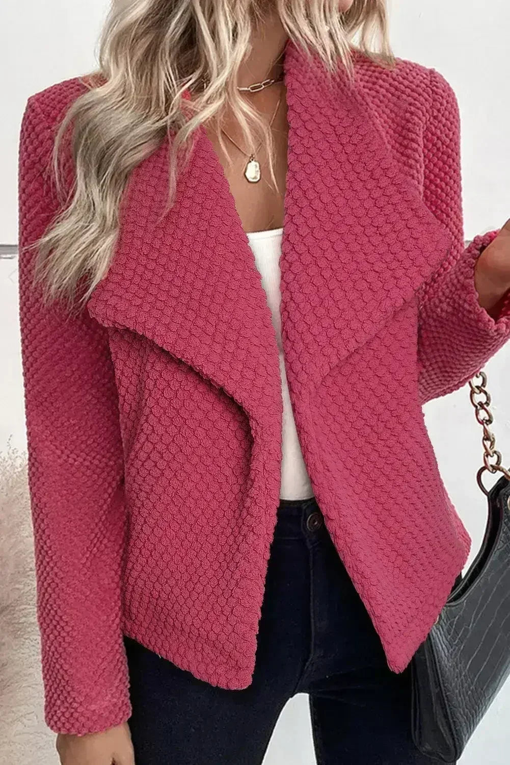 Strawberry Pink Fleece Textured Lapel Collar Open Front Jacket - Femstylo
