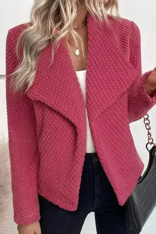 Strawberry Pink Fleece Textured Lapel Collar Open Front Jacket - Femstylo
