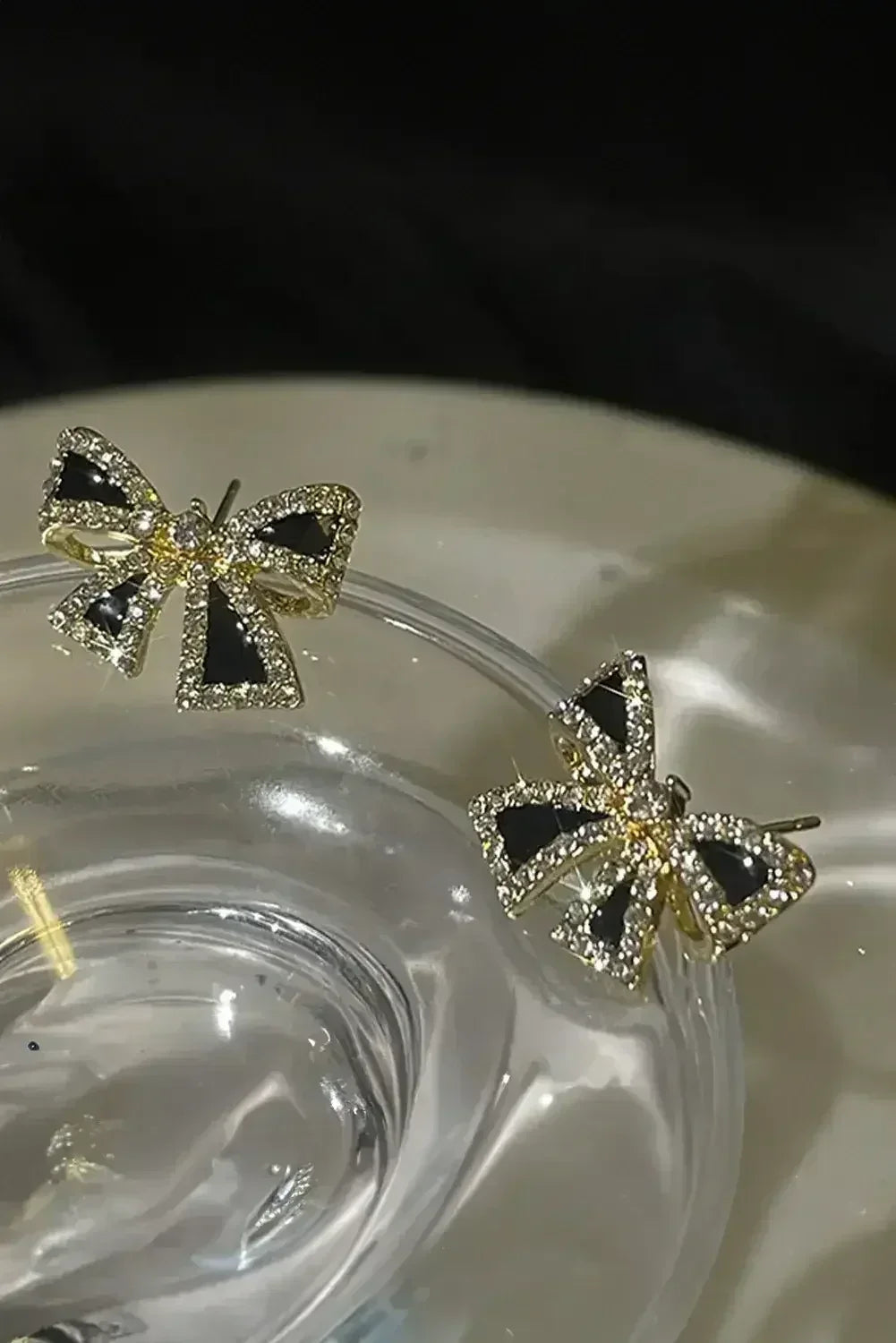 Black Rhinestone Bowknot Stud Earrings - Femstylo