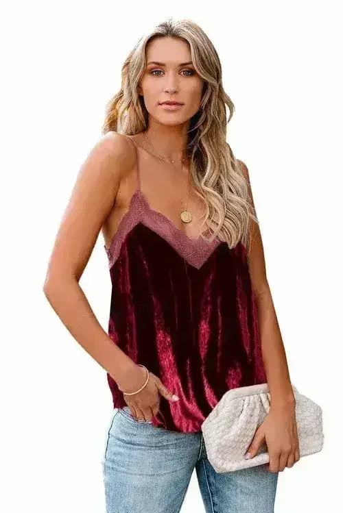 Luxury Lacy V Neck Spaghetti Straps Velvet Tank - Femstylo