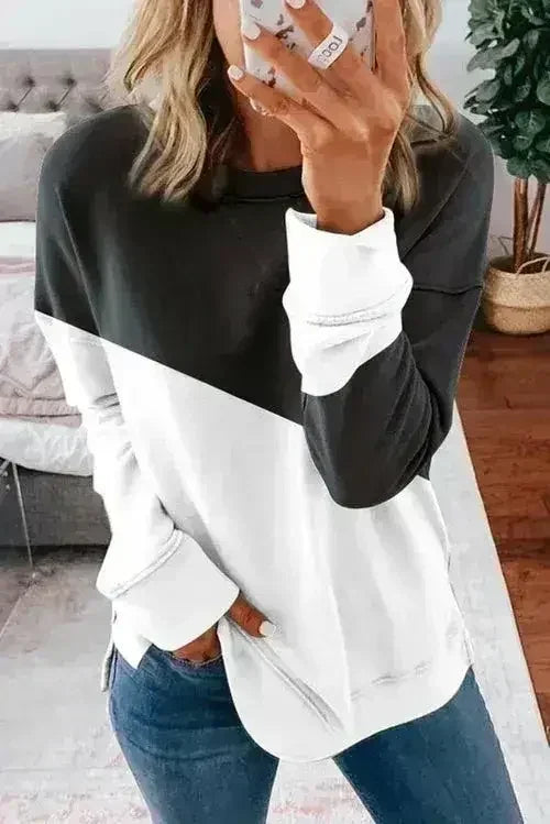 Black White Patchwork Dropped Shoulder Sleeve Sweatshirt - Femstylo