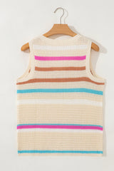 Khaki Stripe V Neck Textured Knit Vest