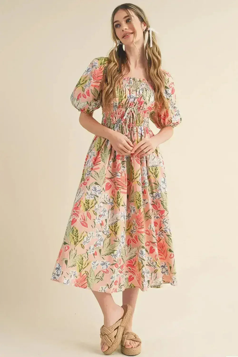 Apricot Pink Floral Knot Front Smocked Bubble Sleeve Dress - Femstylo