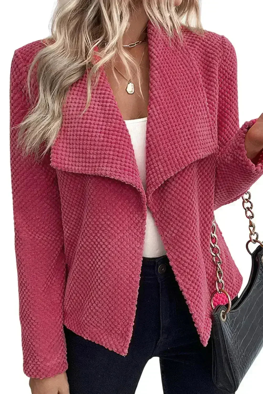 Strawberry Pink Fleece Textured Lapel Collar Open Front Jacket - Femstylo