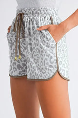 Blue Leopard Elastic Waist Lace up Contrast Trim Casual Shorts - Femstylo