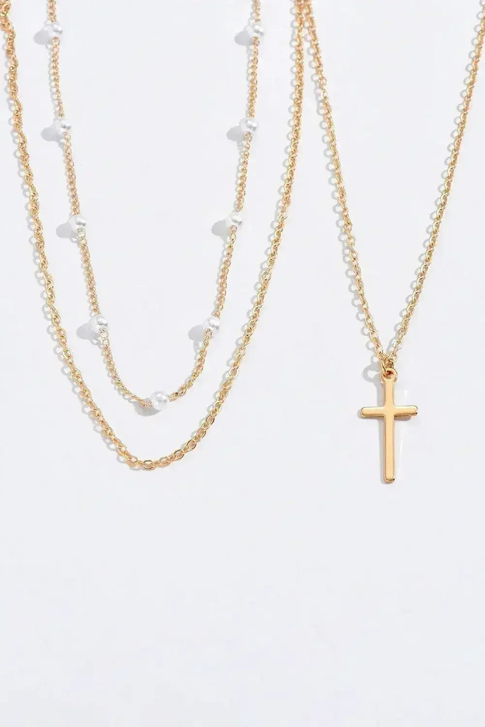 Gold Retro Multi-Layer Pearl and Cross Pendant Necklace Set - Femstylo