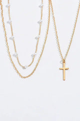 Gold Retro Multi-Layer Pearl and Cross Pendant Necklace Set - Femstylo