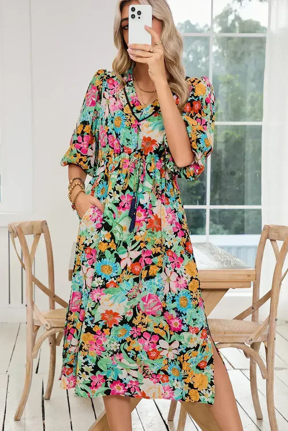 Green Boho Floral Puff Sleeve V Neck Tassel Drawstring Midi Dress - Femstylo