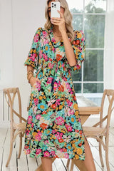 Green Boho Floral Puff Sleeve V Neck Tassel Drawstring Midi Dress - Femstylo