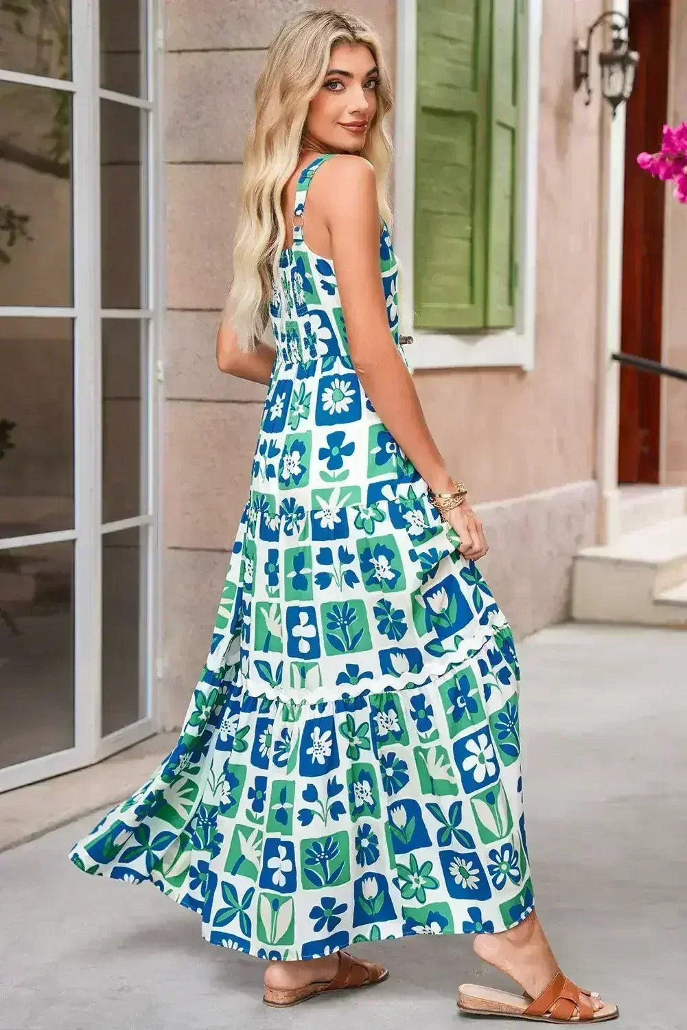 Multicolour Boho Floral Checkered Maxi Dress - Femstylo