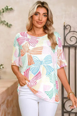 Sky Blue Bowknot Print Waffle Loose Tee - Femstylo