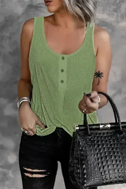 Button Textured Cotton Tank Top - Femstylo