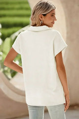 White Textured V Neck Collared Split Hem T Shirt - Femstylo