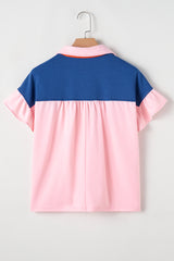 Gossamer Pink Color Block Half Buttoned Ruffled Short Sleeve Pop of Color Neckline T Shirt