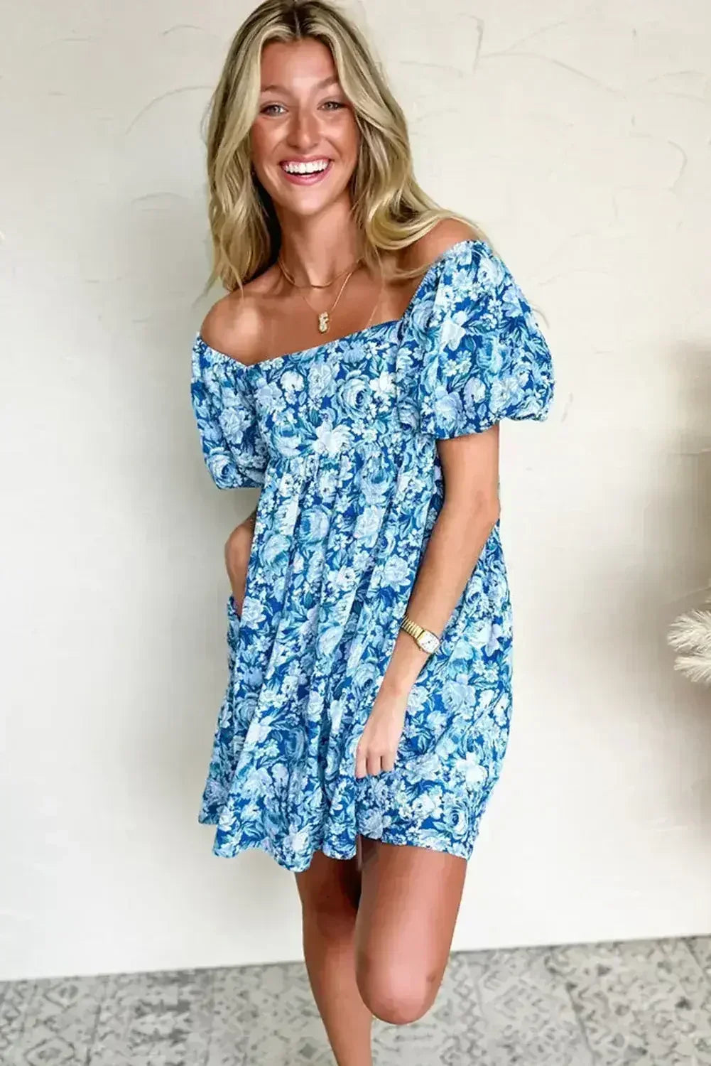 Blue Floral Puff Sleeve Babydoll Mini Dress - Femstylo